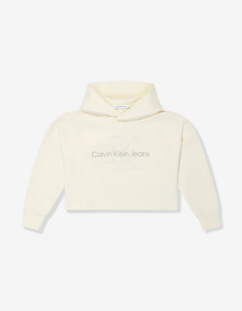 Girls Monogram Embroidered Hoodie in Beige