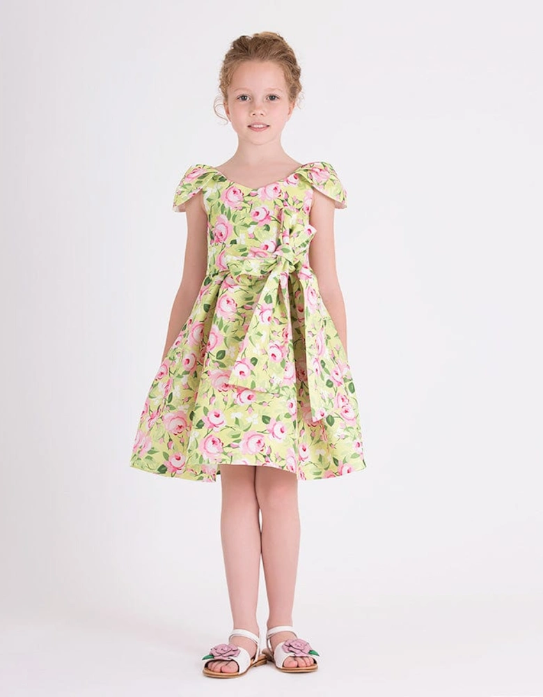 Girls Flower Print Dress With Belt in Yellow