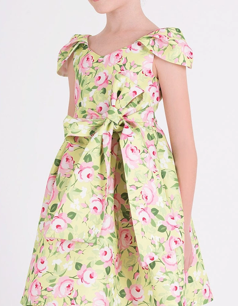Girls Flower Print Dress With Belt in Yellow
