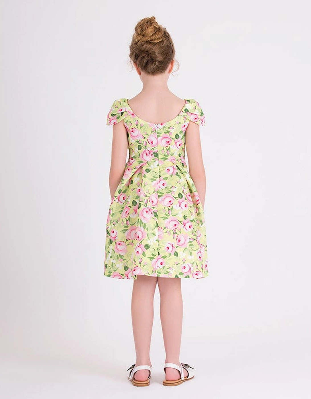 Girls Flower Print Dress With Belt in Yellow
