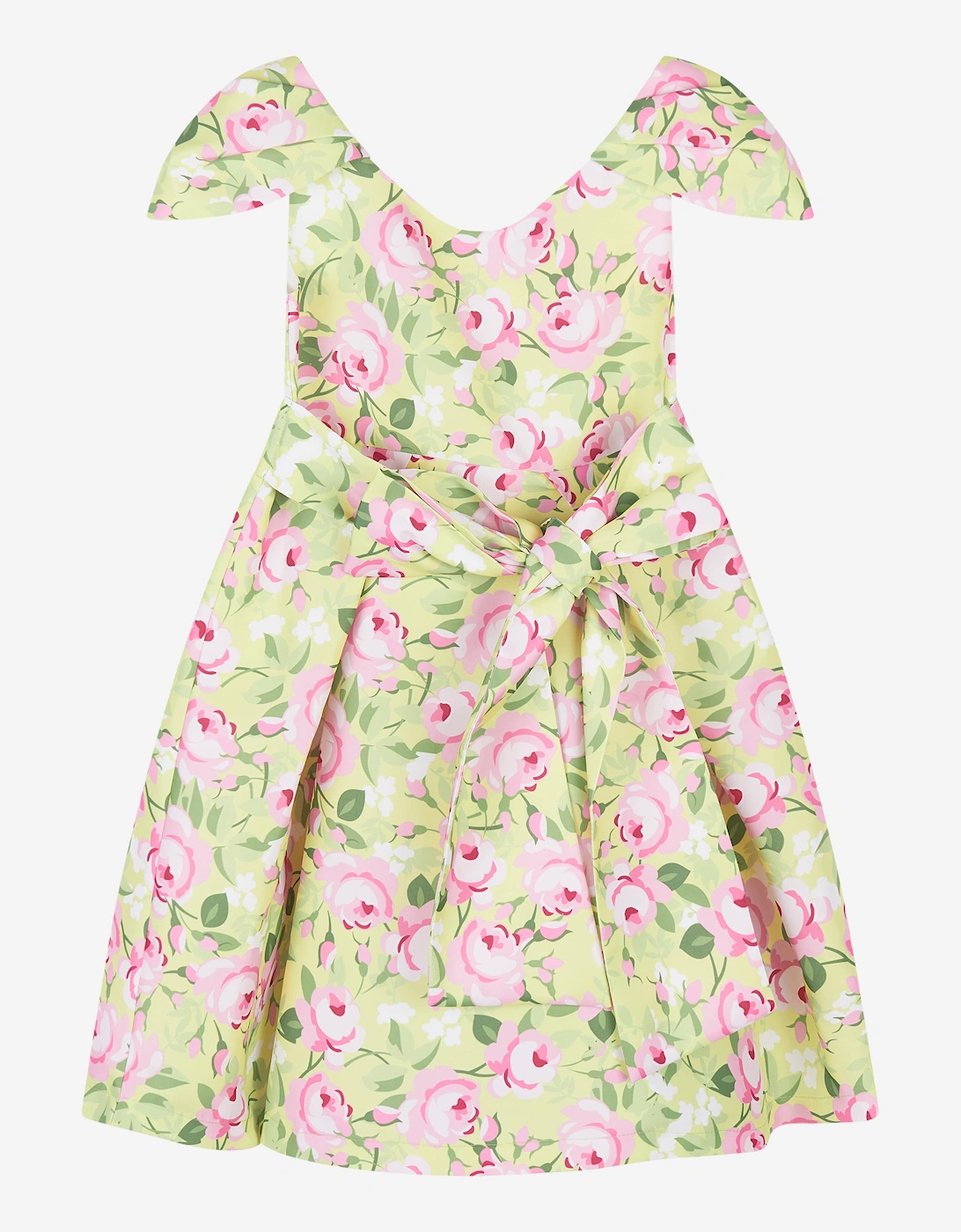 Girls Flower Print Dress With Belt in Yellow