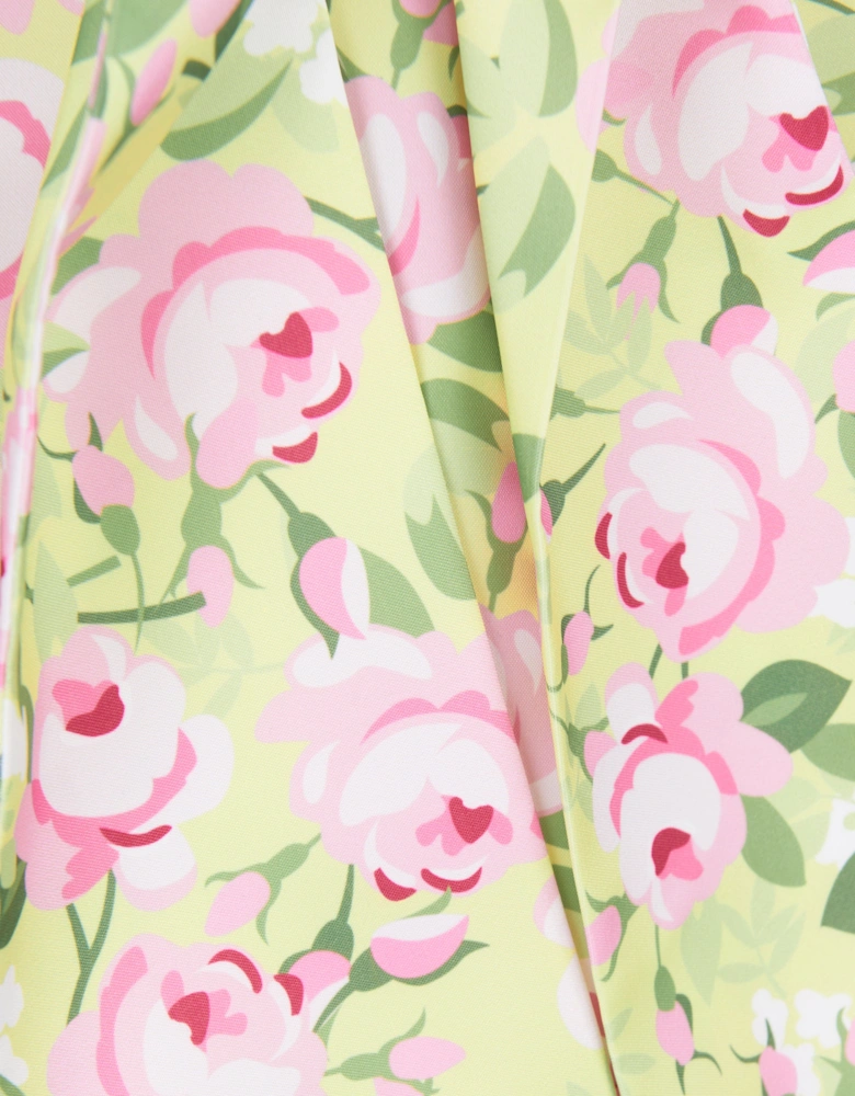 Girls Flower Print Dress With Belt in Yellow