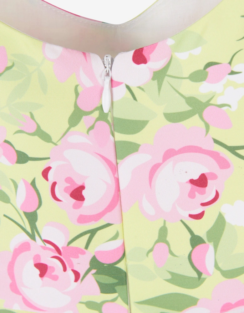 Girls Flower Print Dress With Belt in Yellow