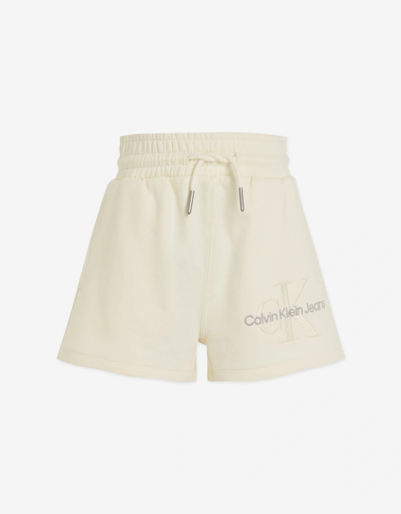 Girls Monogram Embroidered Shorts in Beige