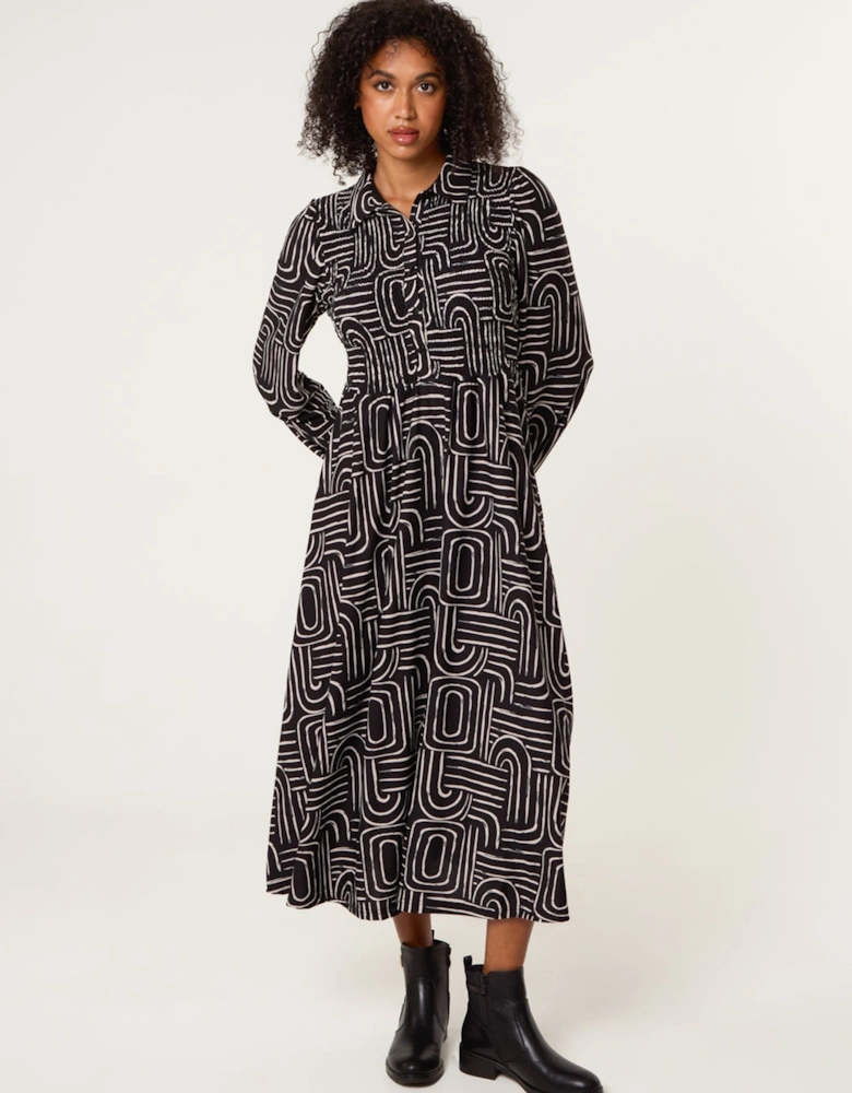Black Shirred Bust Long Sleeve Midi Dress