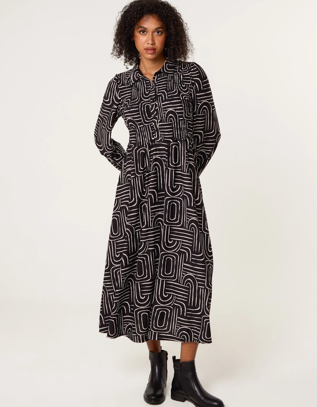Black Shirred Bust Long Sleeve Midi Dress, 2 of 1