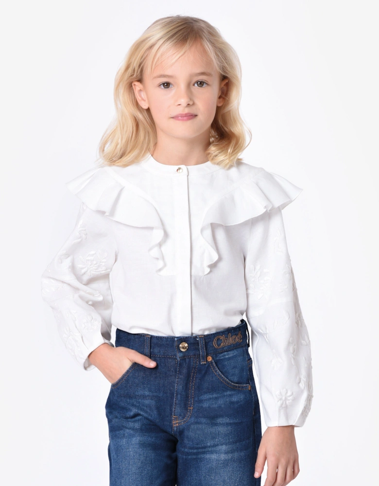 Girls Embroidered Ruffle Blouse in Ivory