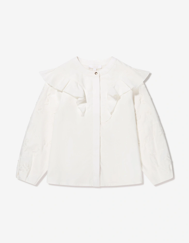 Girls Embroidered Ruffle Blouse in Ivory
