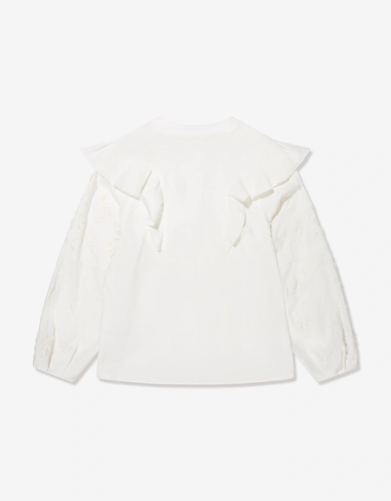 Girls Embroidered Ruffle Blouse in Ivory