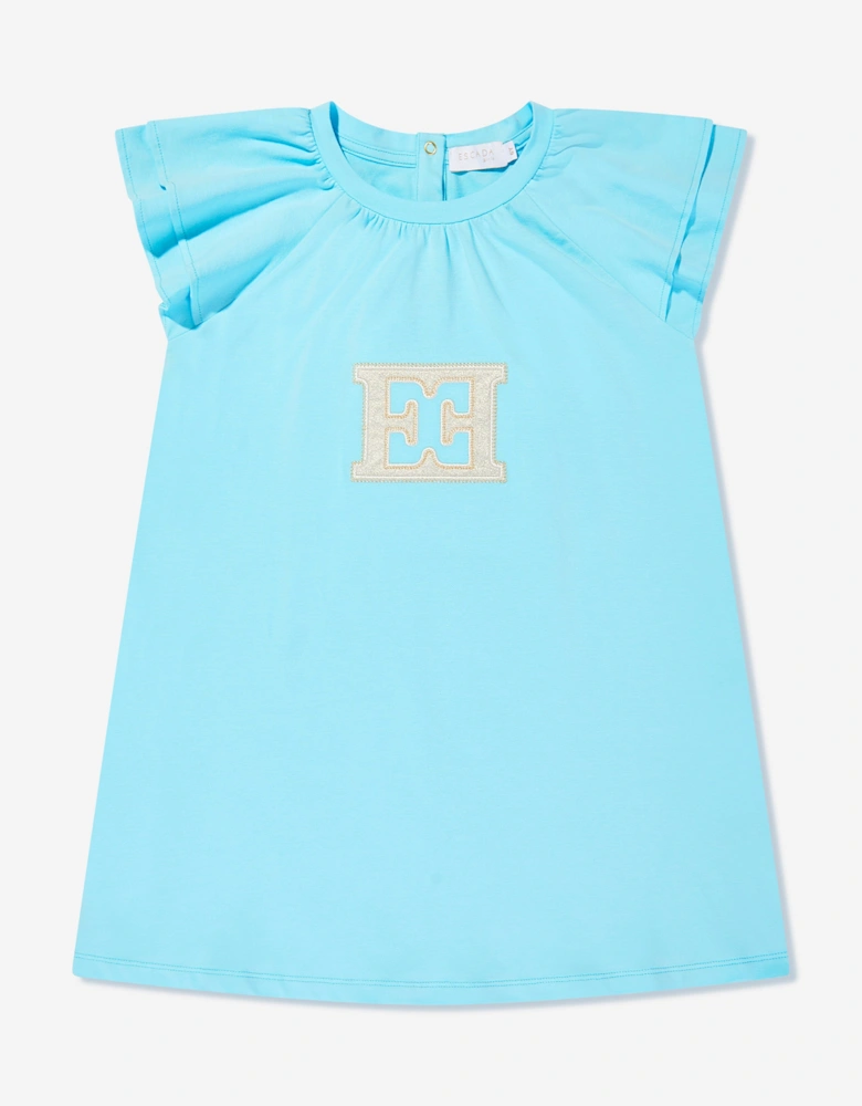 Girls Embroidered Logo Dress in Blue