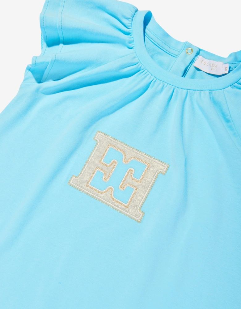 Girls Embroidered Logo Dress in Blue