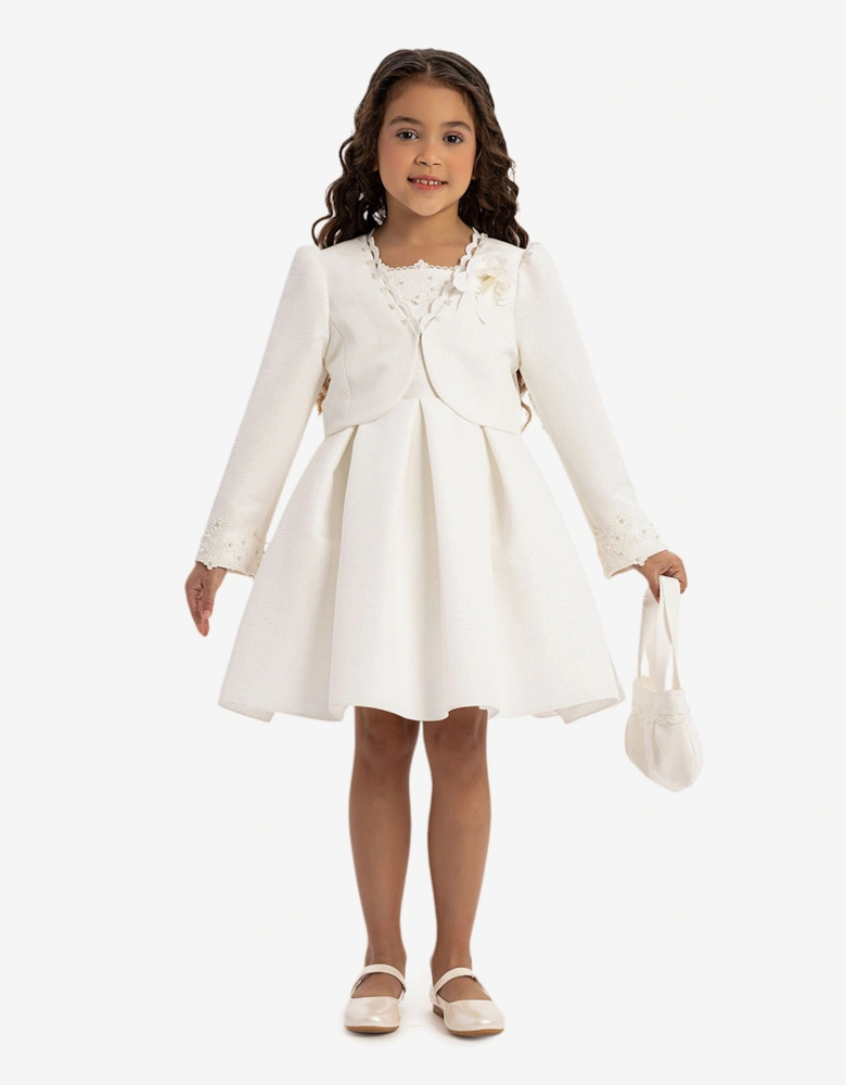 Girls Dress with Bolero and Matching Bag in White