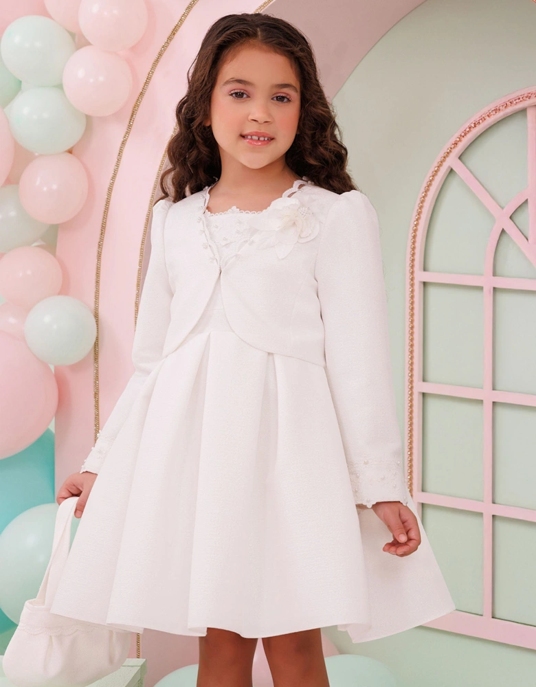Girls Dress with Bolero and Matching Bag in White