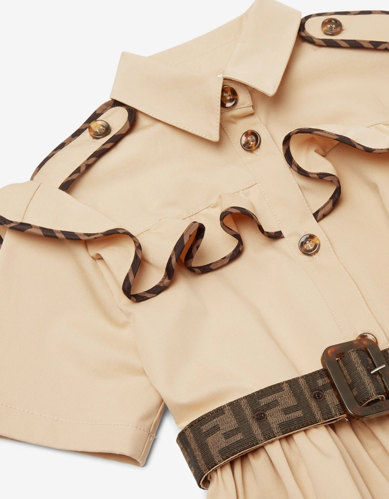 Girls Stretch Gabardine Shirt Dress in Beige