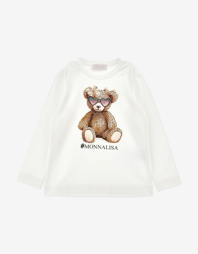 Girls Long Sleeve Teddy Bear T-Shirt in Ivory