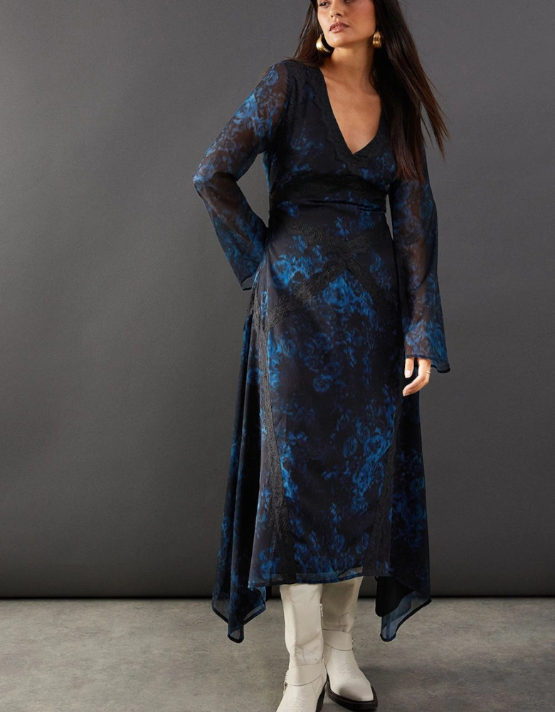 Print Chiffon Lace Insert Midi Dress