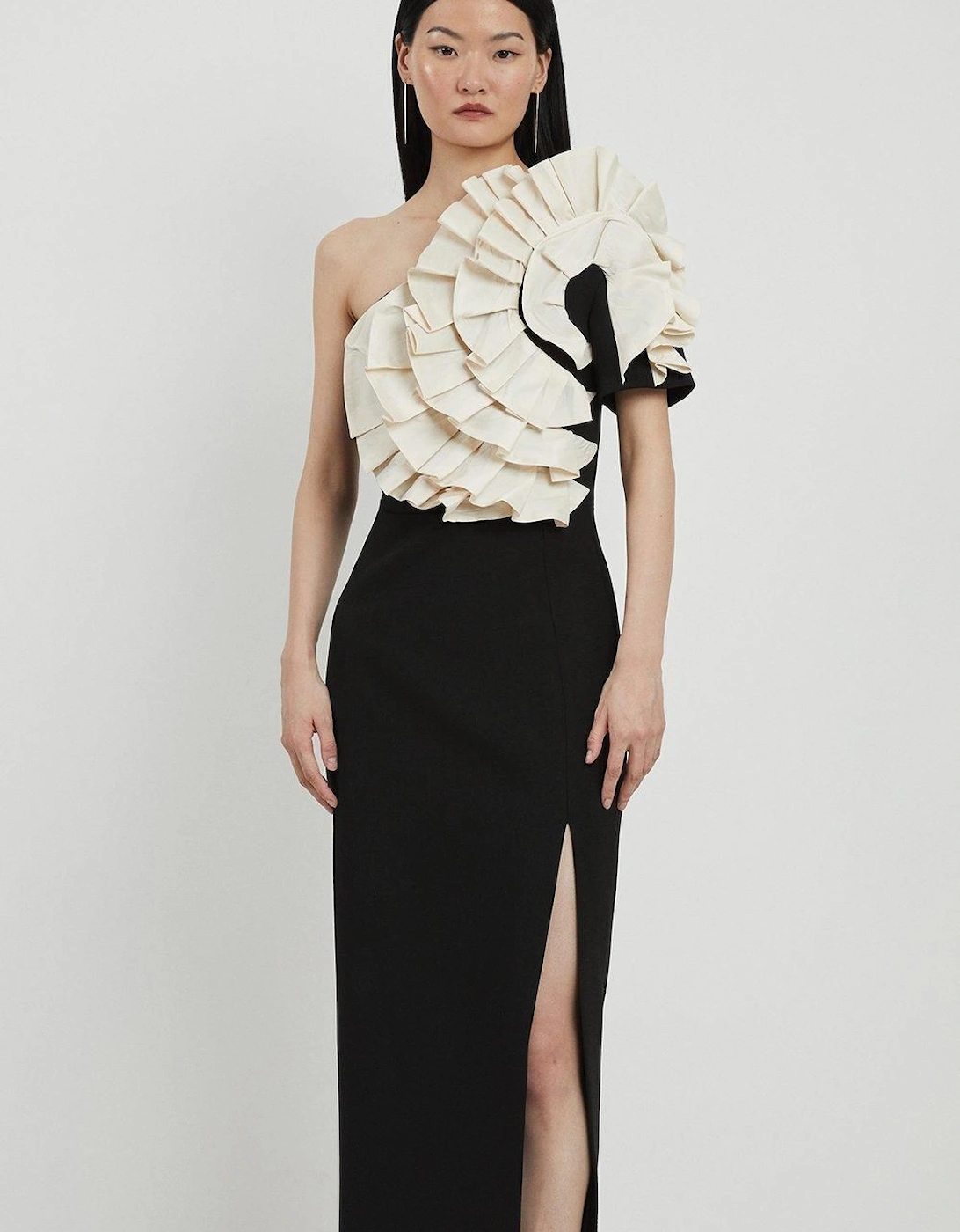 Compact Stretch Taffeta Ruffle One Shoulder Midi Dress, 2 of 1