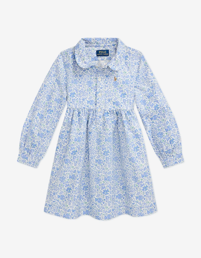 Girls Classic Oxford Floral Shirt Dress in Blue