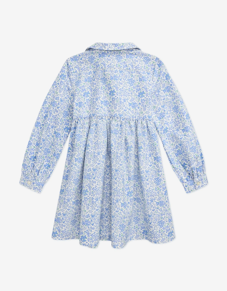 Girls Classic Oxford Floral Shirt Dress in Blue