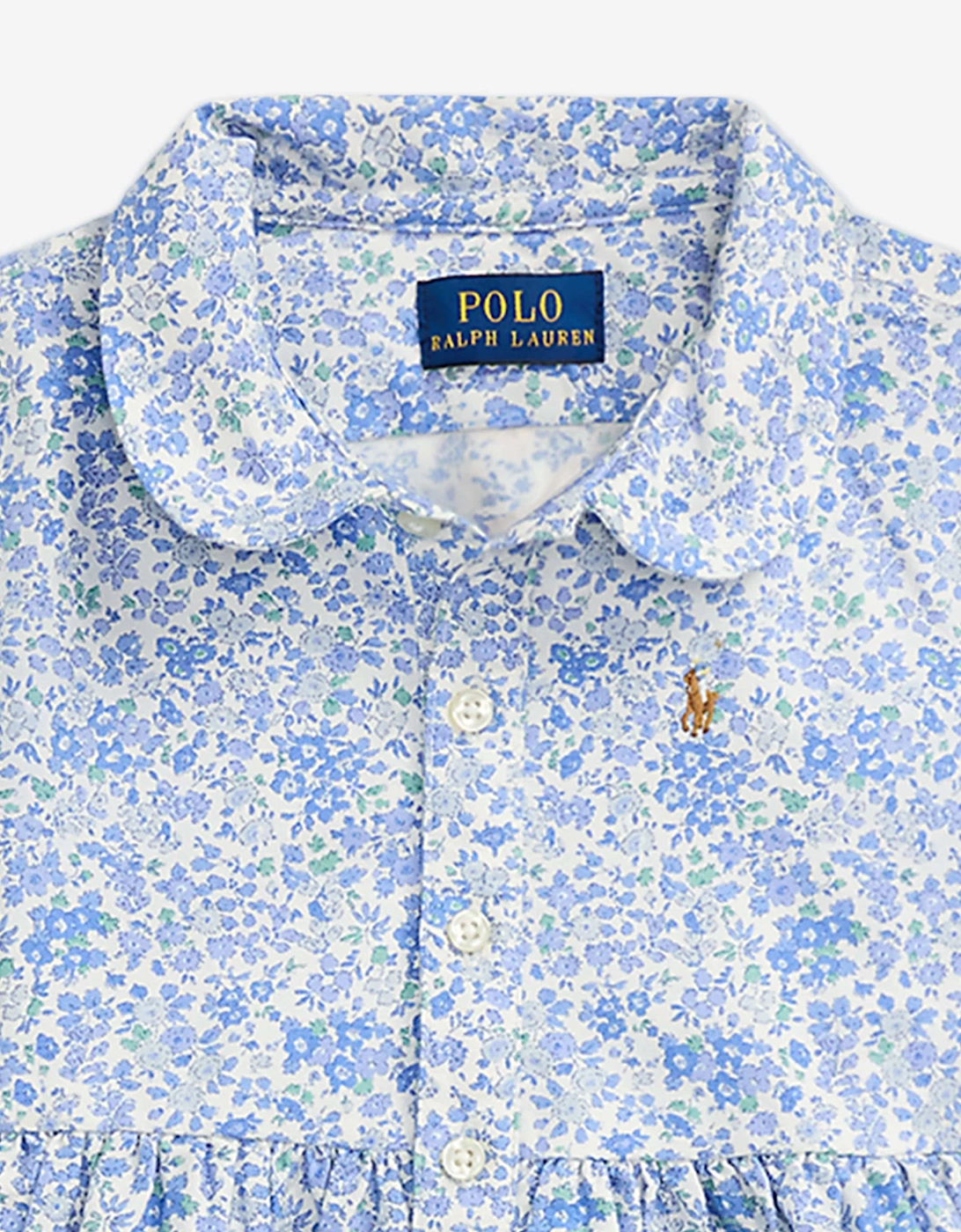 Girls Classic Oxford Floral Shirt Dress in Blue