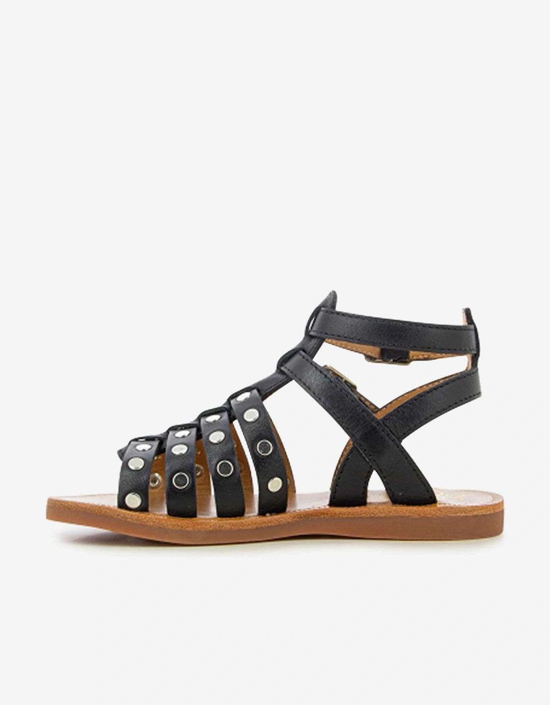 Pom D'Api Girls Leather Plagette Stud Sandals in Black