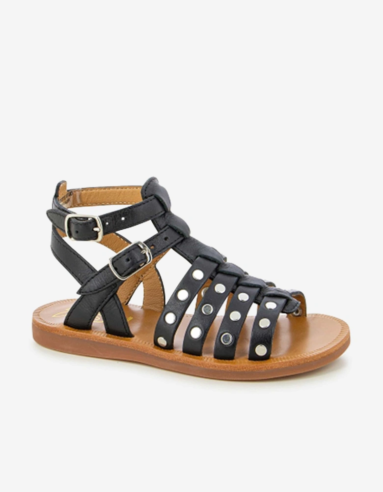 Pom D'Api Girls Leather Plagette Stud Sandals in Black