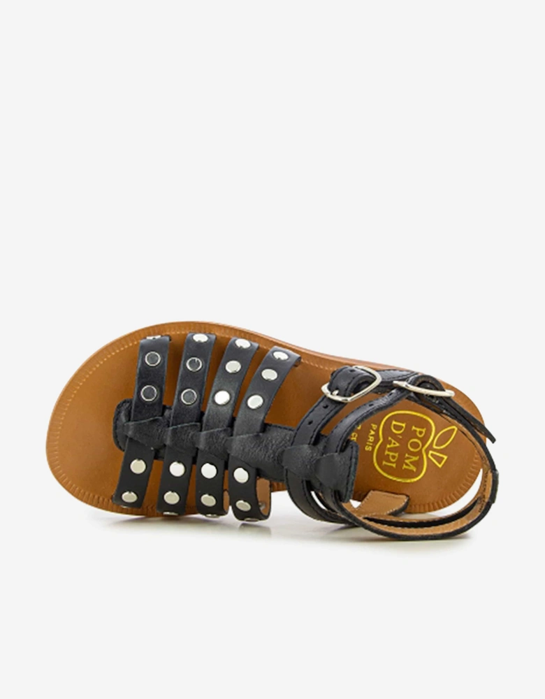 Pom D'Api Girls Leather Plagette Stud Sandals in Black