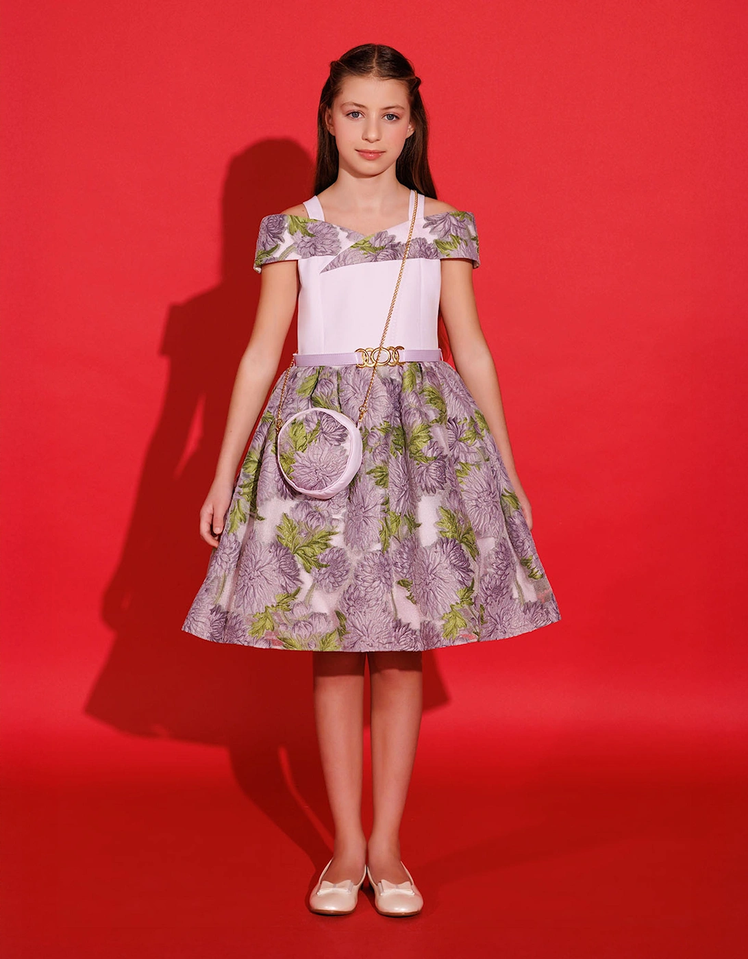 Girls Jacquard Dress with Bag in Purple