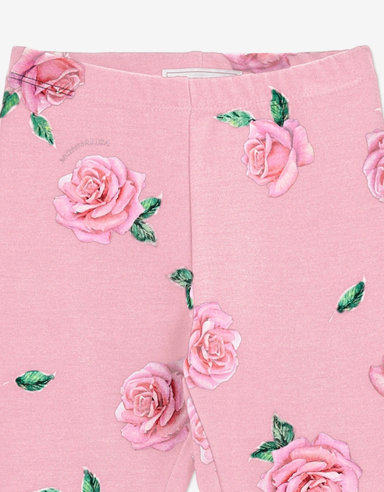 Girls Rose Print Leggings in Pink