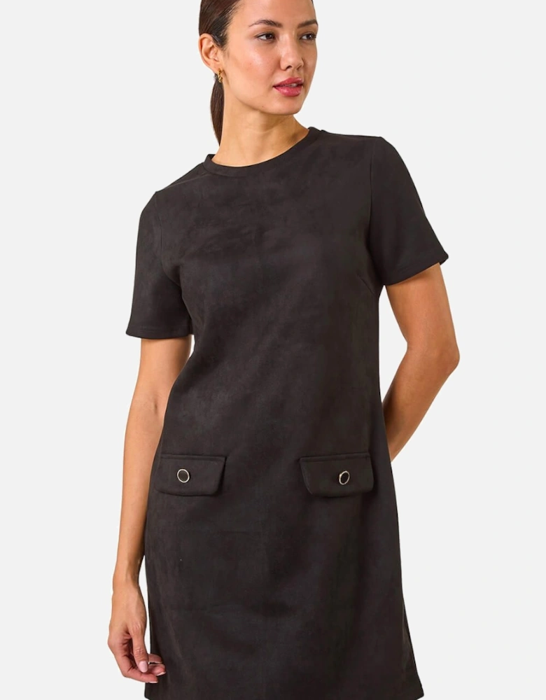Faux Suede Button Shift Stretch Dress