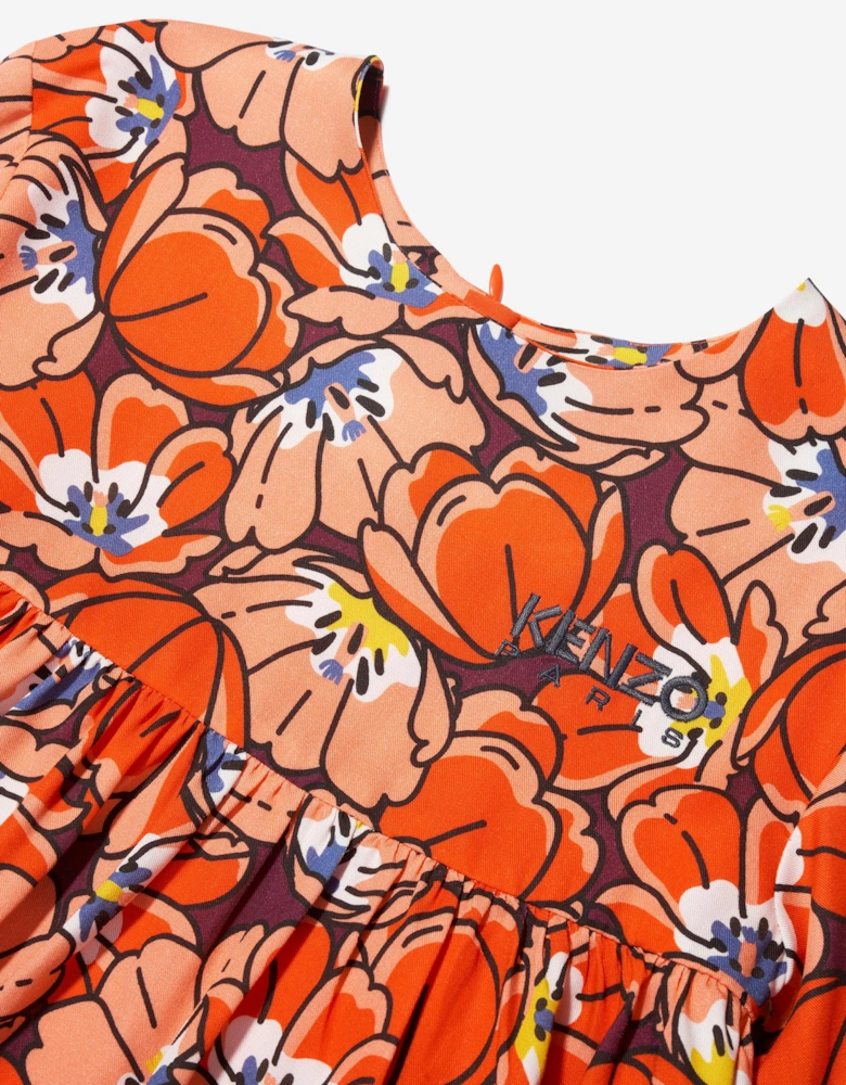 Girls Boke Flower Dress in Orange