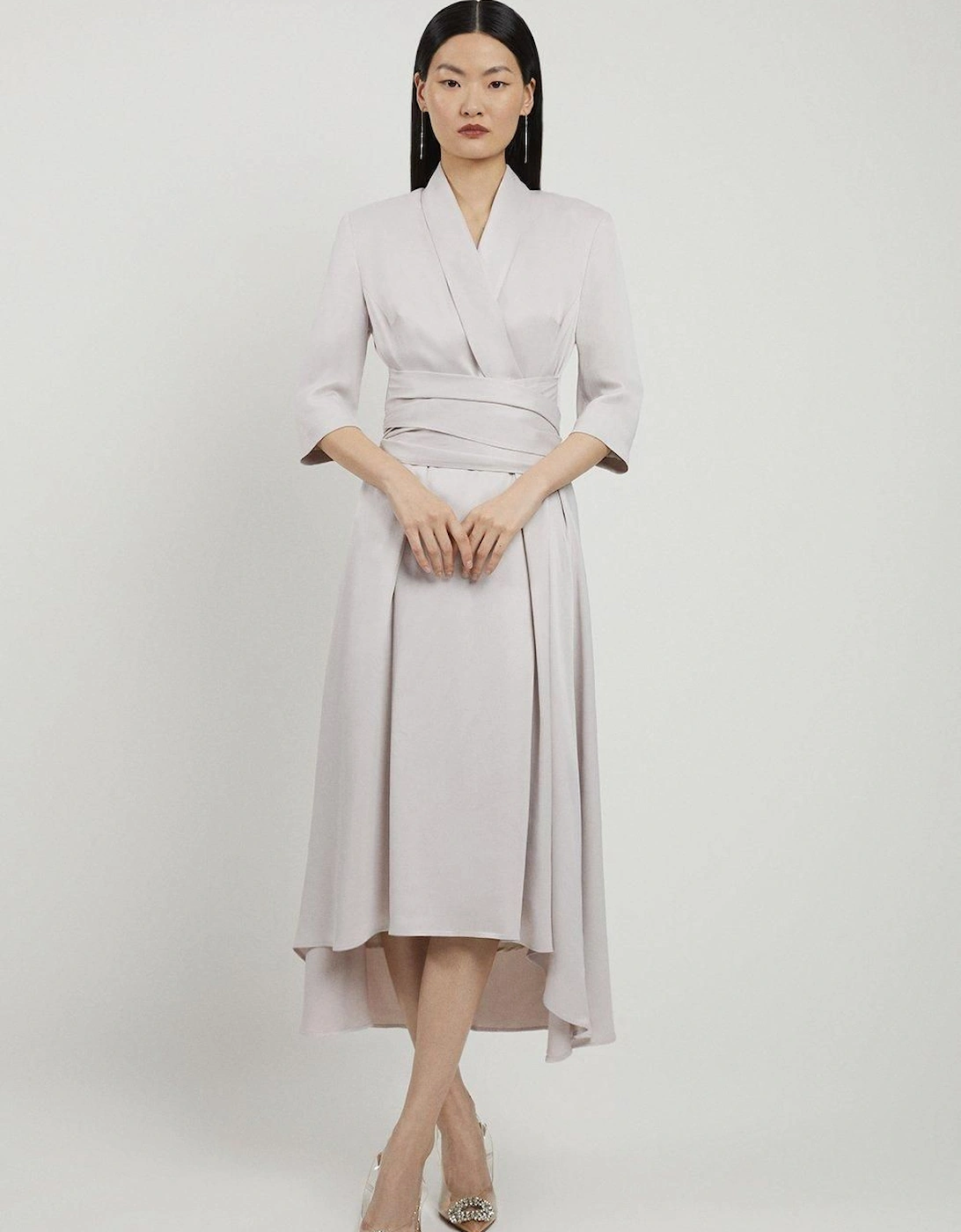 Satin Back Crepe Wrap Tie High Low Midaxi Dress, 2 of 1