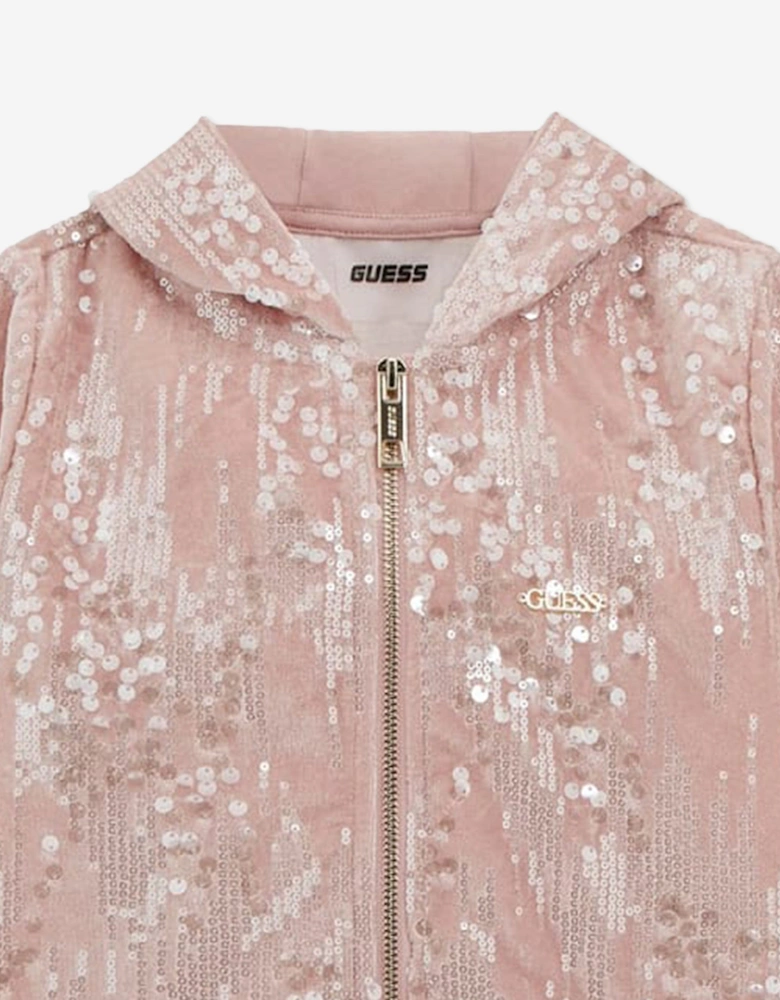 Girls Velvet Zip Up Top in Pink