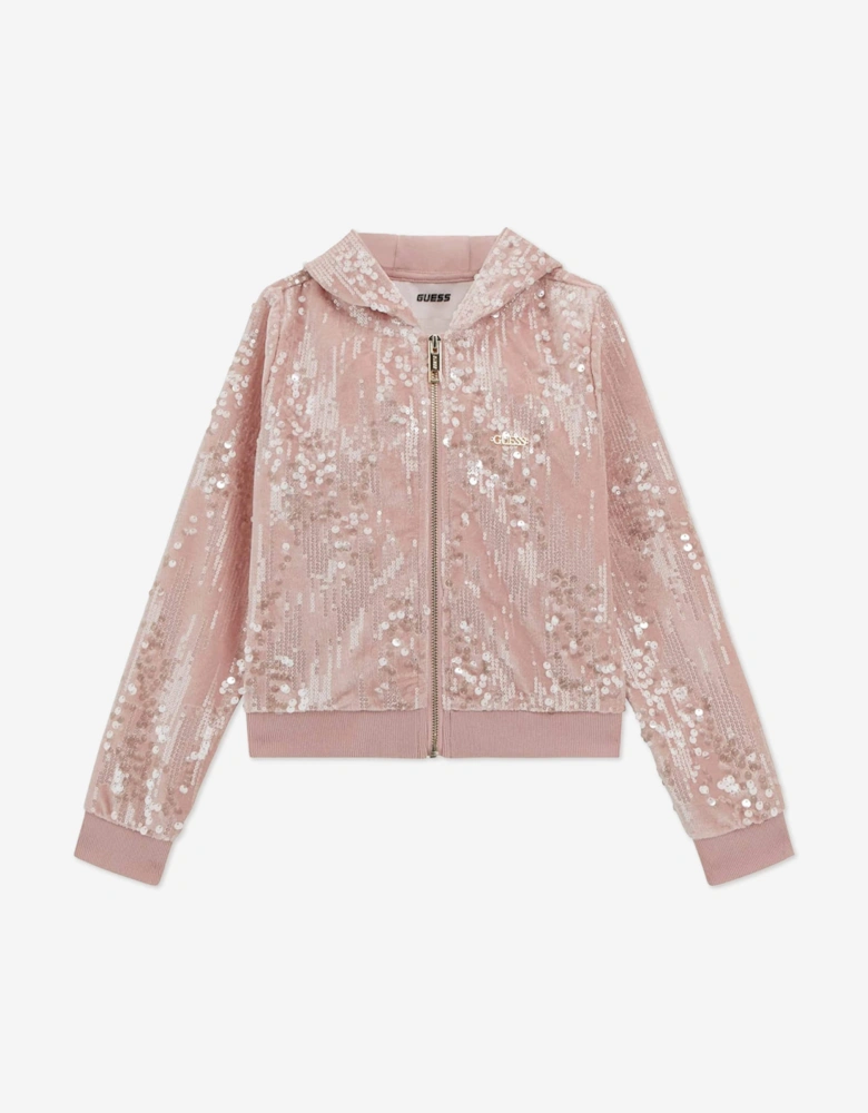 Girls Velvet Zip Up Top in Pink