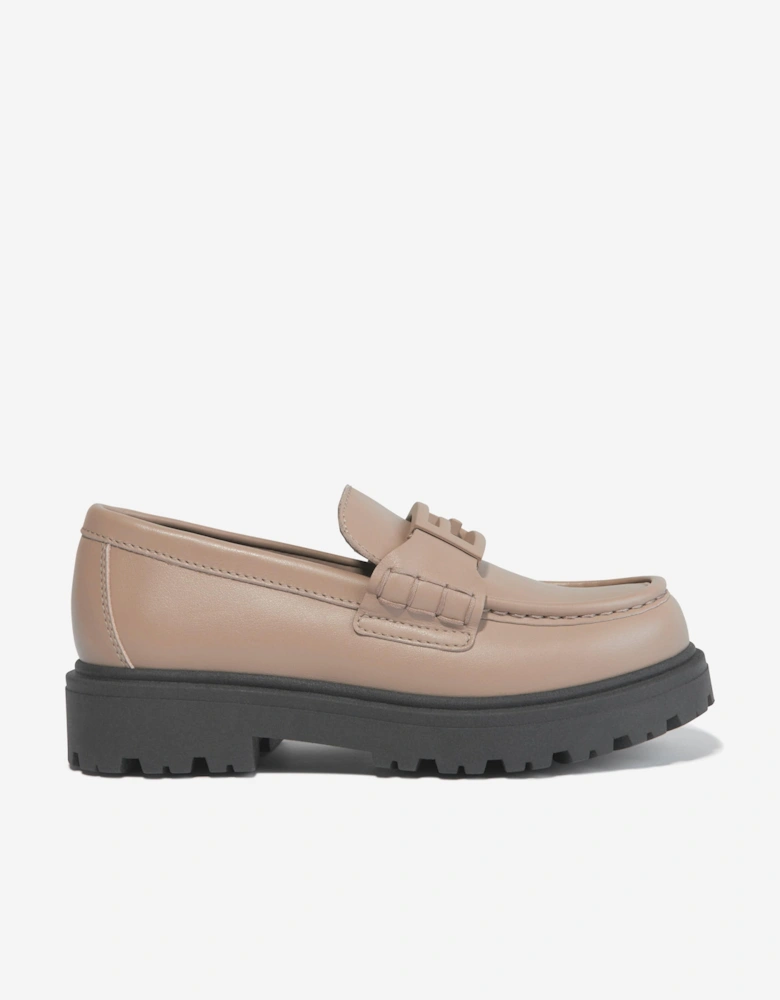 Kids Leather Logo Loafers in Beige