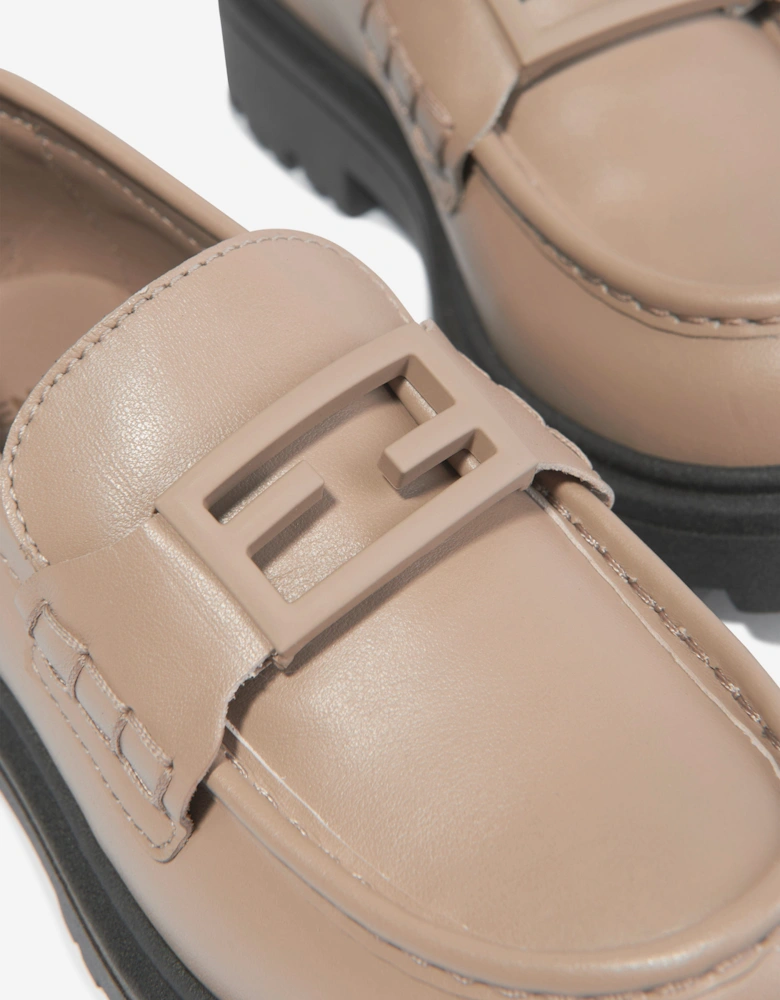 Kids Leather Logo Loafers in Beige
