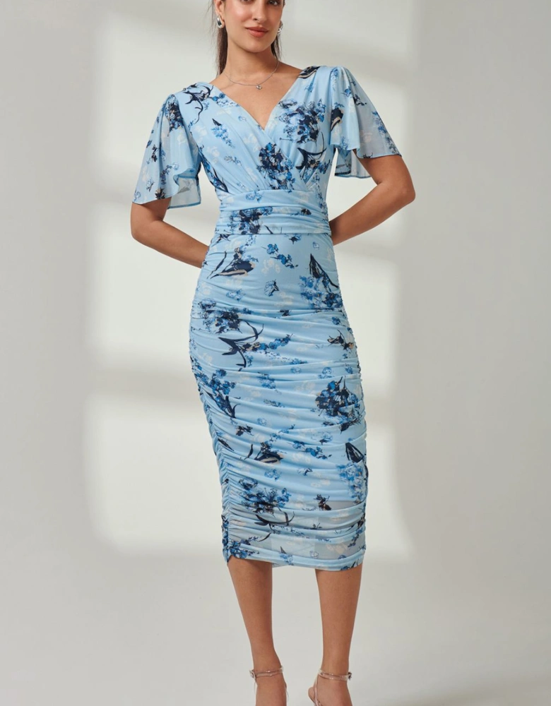 Angel Sleeve Ruched Mesh Midi Dress