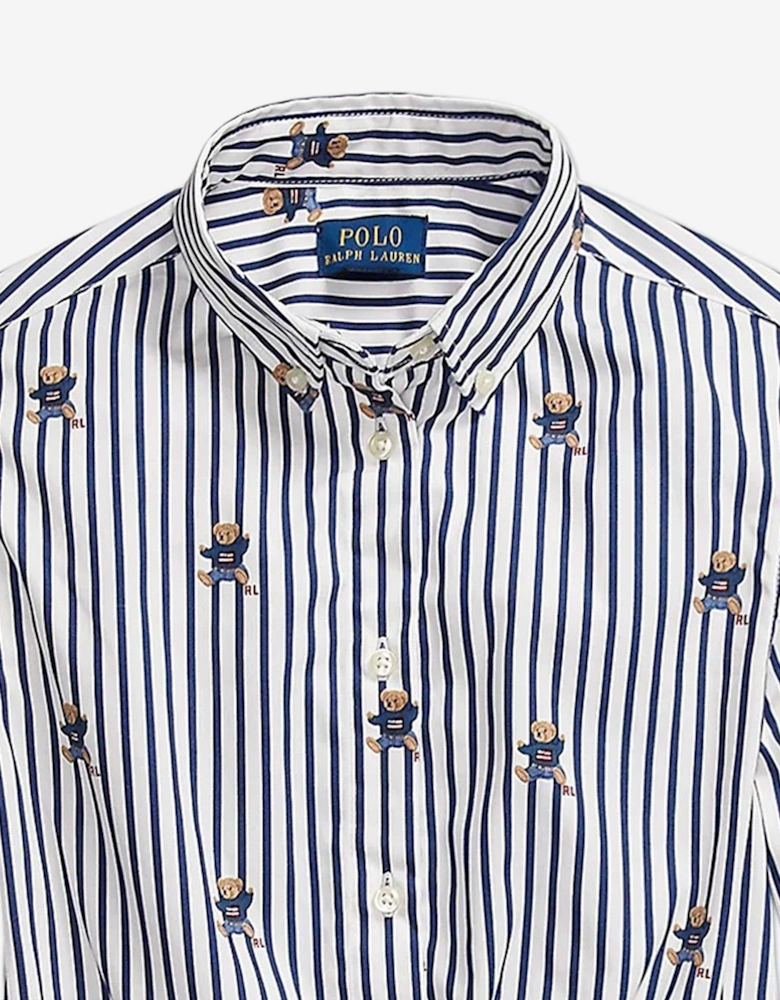 Girls Striped Bear Shirt Dress in Navy