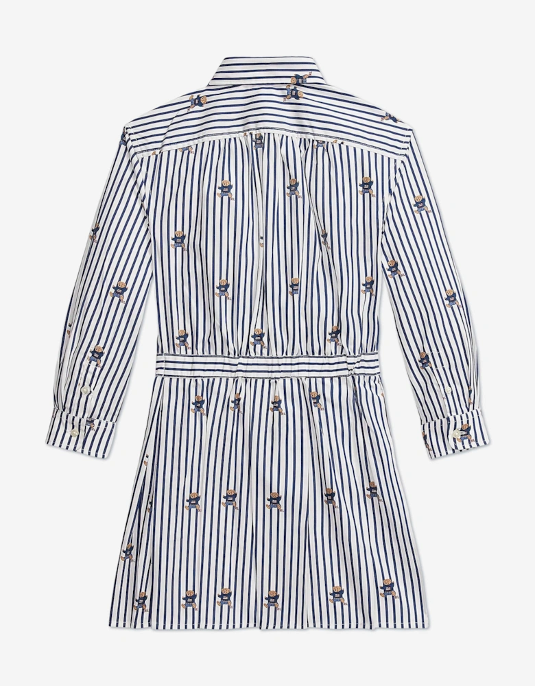 Girls Striped Bear Shirt Dress in Navy