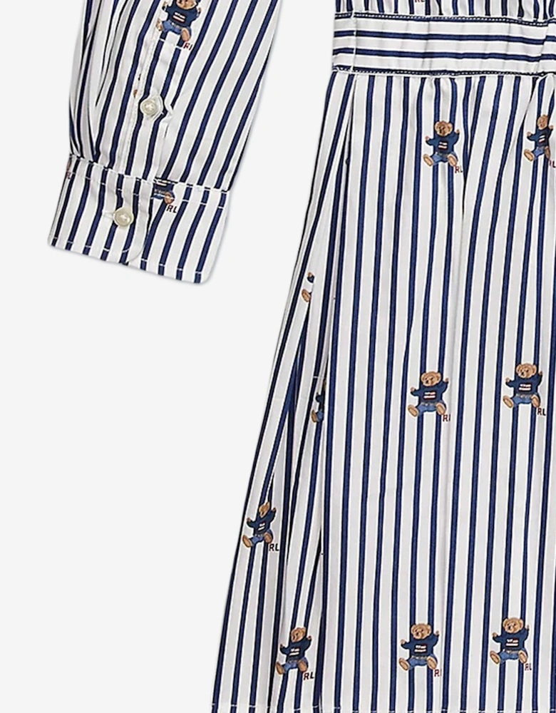 Girls Striped Bear Shirt Dress in Navy