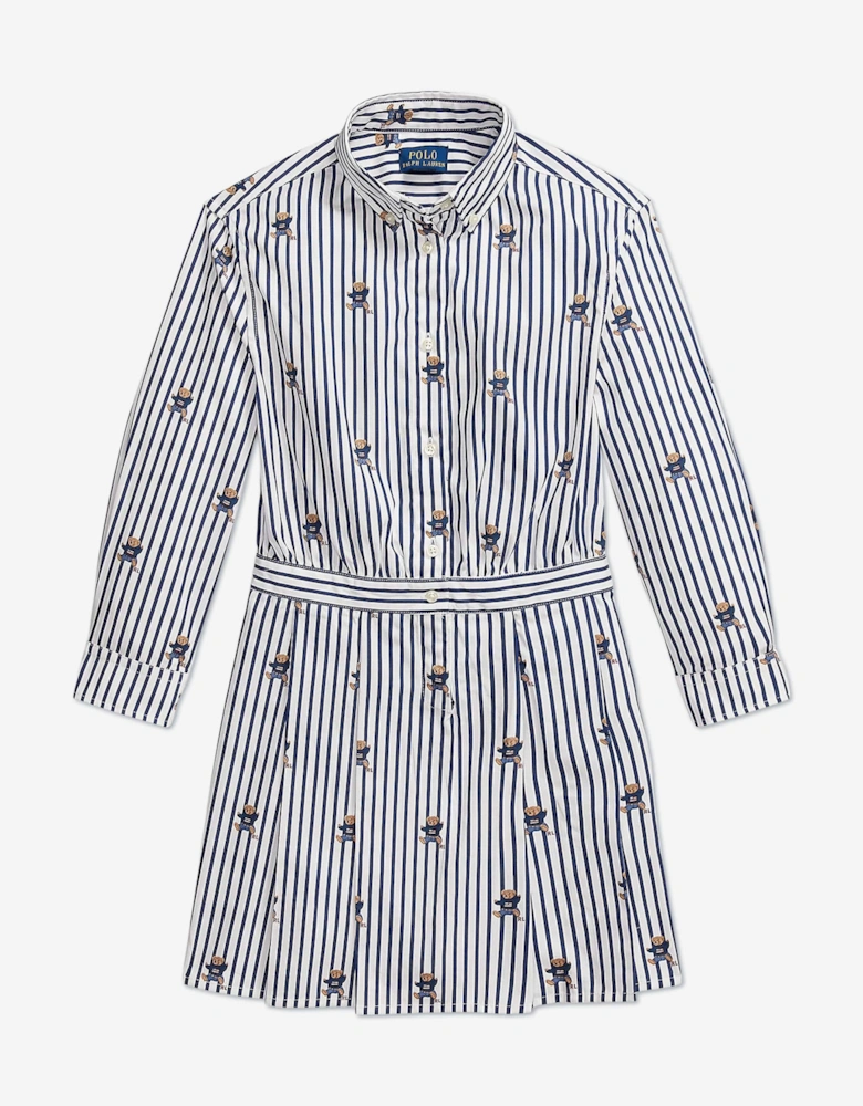 Girls Striped Bear Shirt Dress in Navy