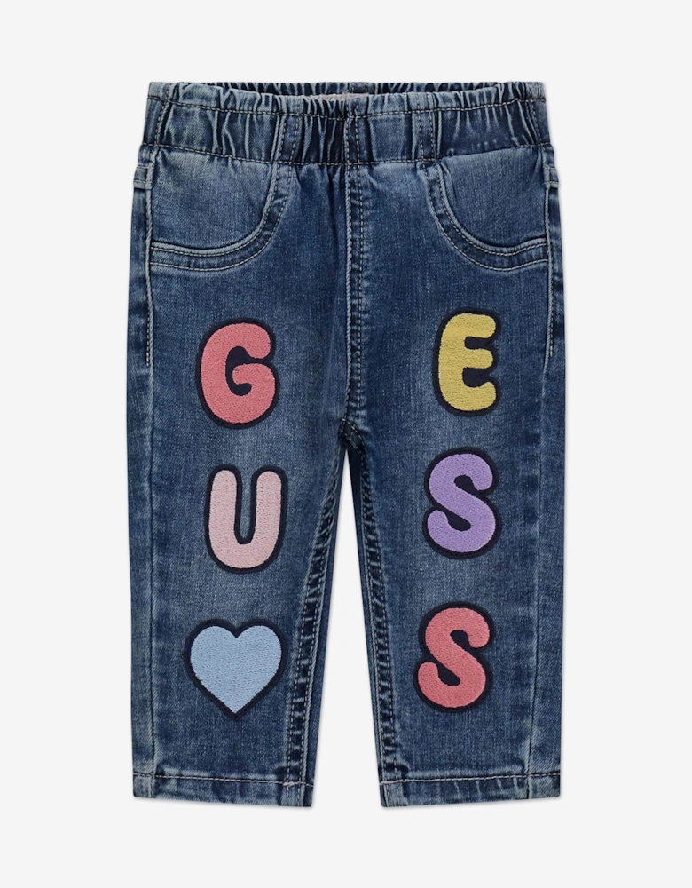 Baby Girls Stretch Denim Logo Pants in Blue