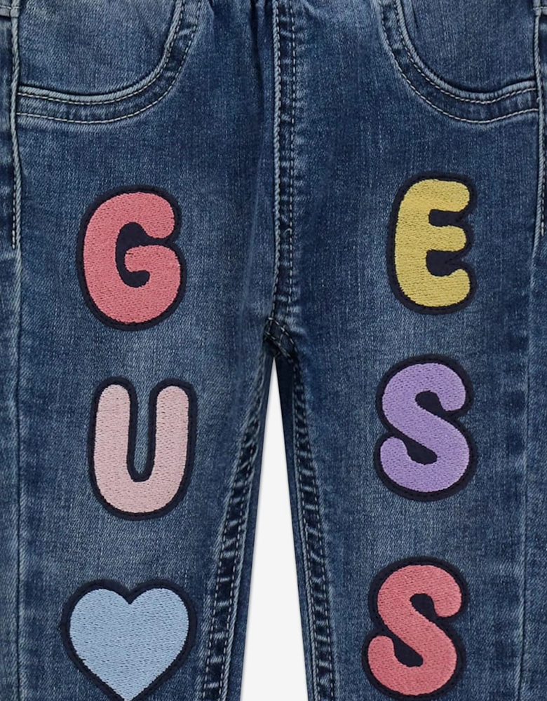 Baby Girls Stretch Denim Logo Pants in Blue