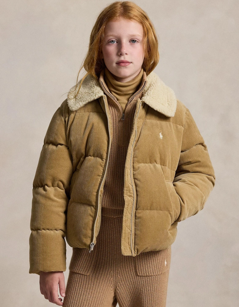 Girls Corduroy Puffer Jacket in Beige