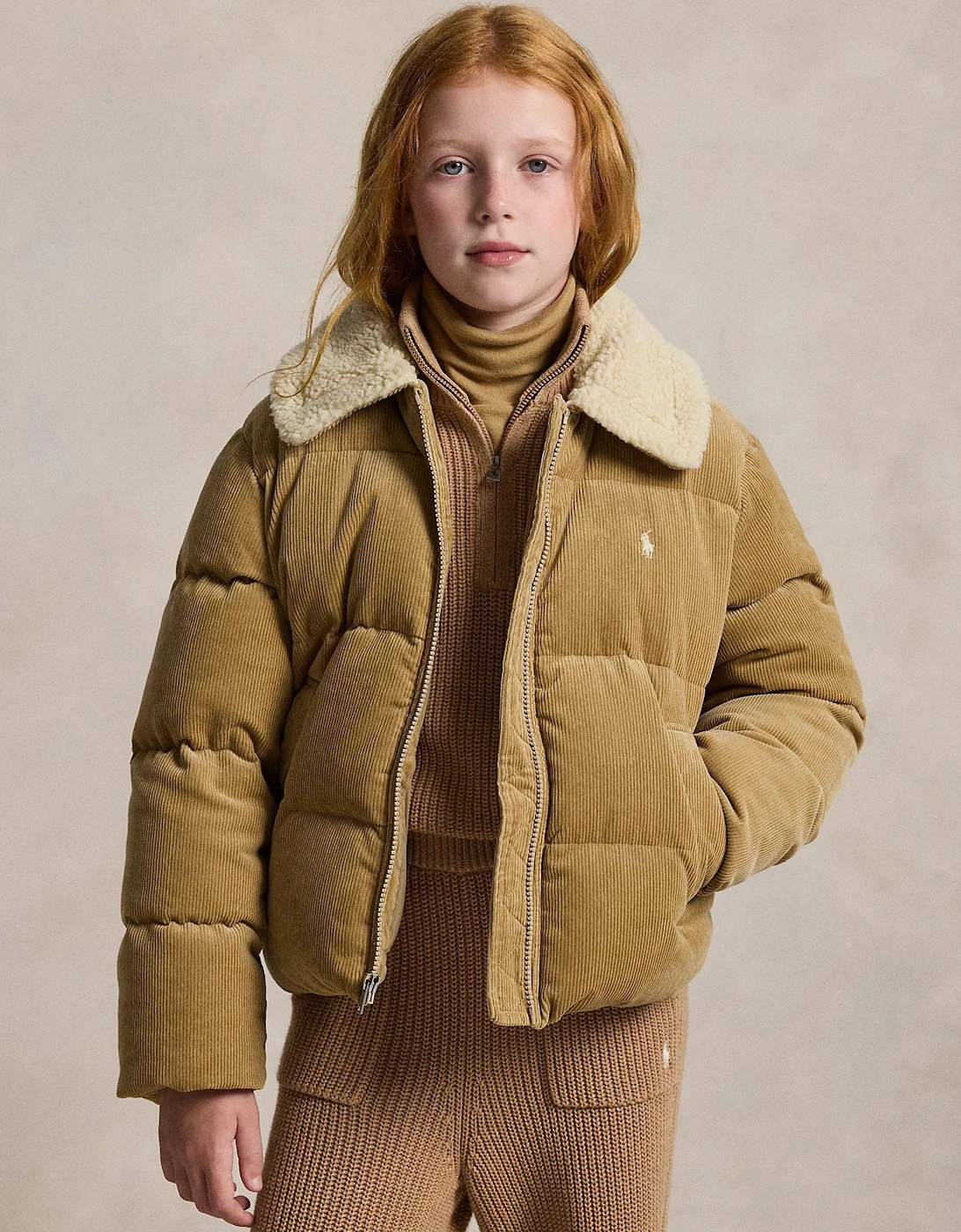 Girls Corduroy Puffer Jacket in Beige