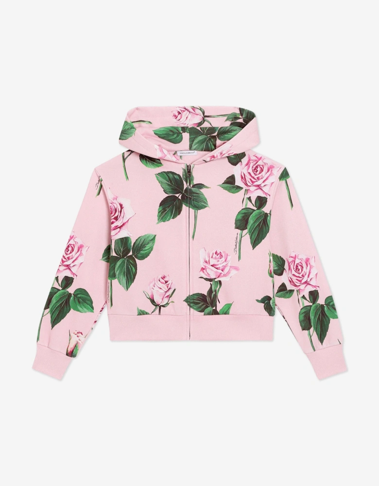 Girls Rose Print Zip Up Top in Pink