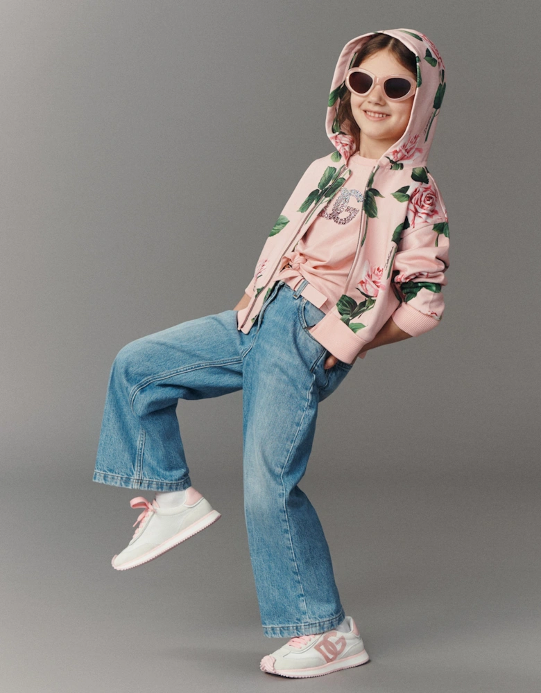 Girls Rose Print Zip Up Top in Pink