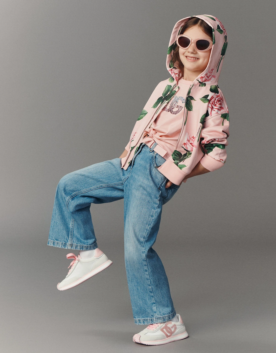 Girls Rose Print Zip Up Top in Pink
