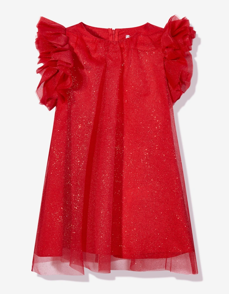 Girls Puffy Sleeves Tulle Dress in Red