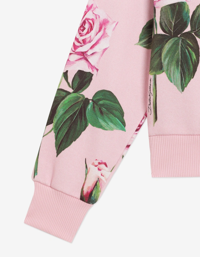 Girls Rose Print Zip Up Top in Pink